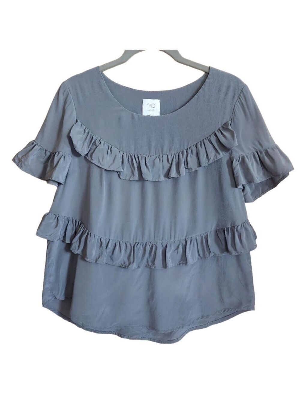 HD IN PARIS ANTHROPOLOGIE SILK RUFFLE SHORT SLEEVE GRAY TOP BLOUSE SMALL EUC